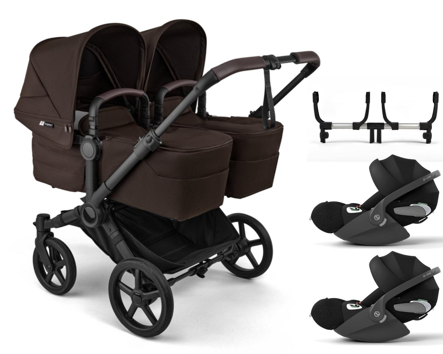 Bugaboo Donkey 6 Twin Kinderwagen Set 3 in 1 in Braun - schräge Ansicht – inkl Cybex Cloud i-Size