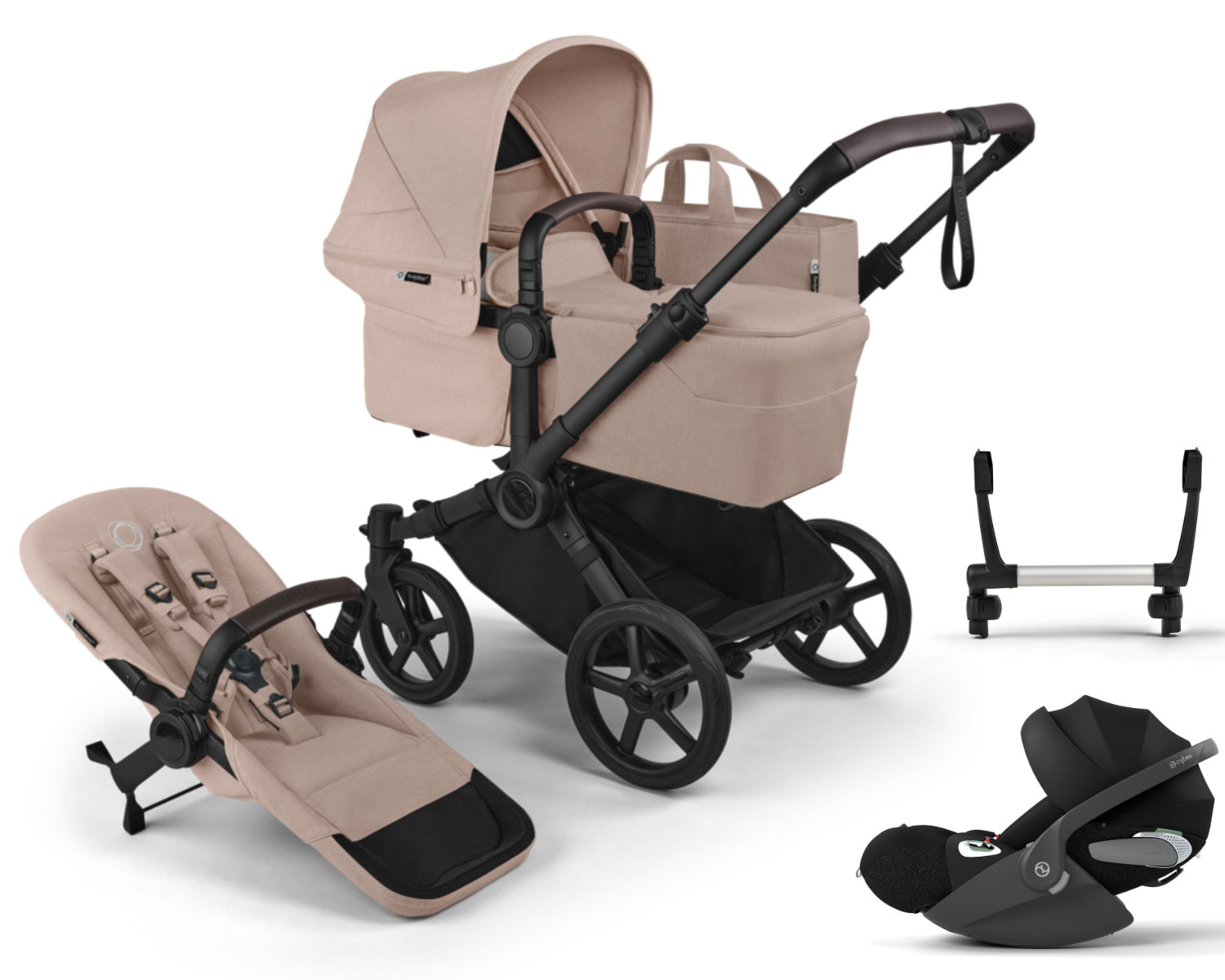 Bugaboo Donkey 6 Mono Kinderwagen Set 3 in 1 in Beige - schräge Ansicht – inkl Cybex Cloud i-Size Babyschale