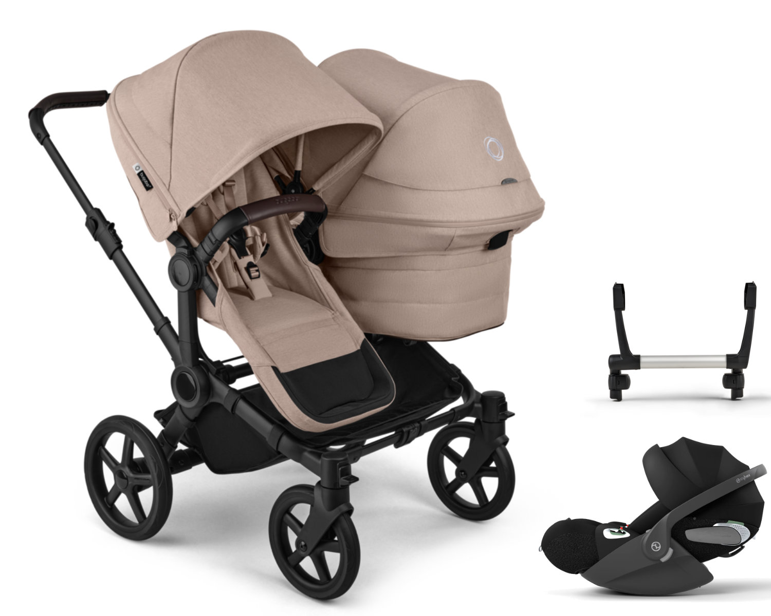 Bugaboo Donkey 6 Duo Kinderwagen Set 3 in 1 in Beige - schräge Ansicht – inkl Cybex Cloud i-Size
