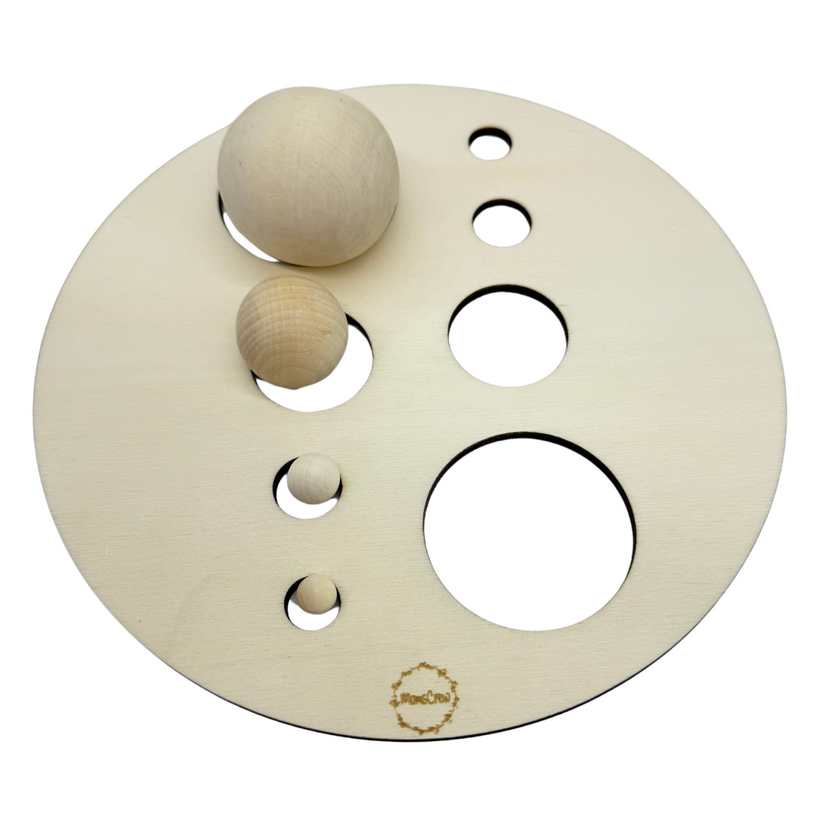 Momscrew Aktivitätsplatte „Größenordnung“ mit 12 Holzkugeln (10–50 mm)