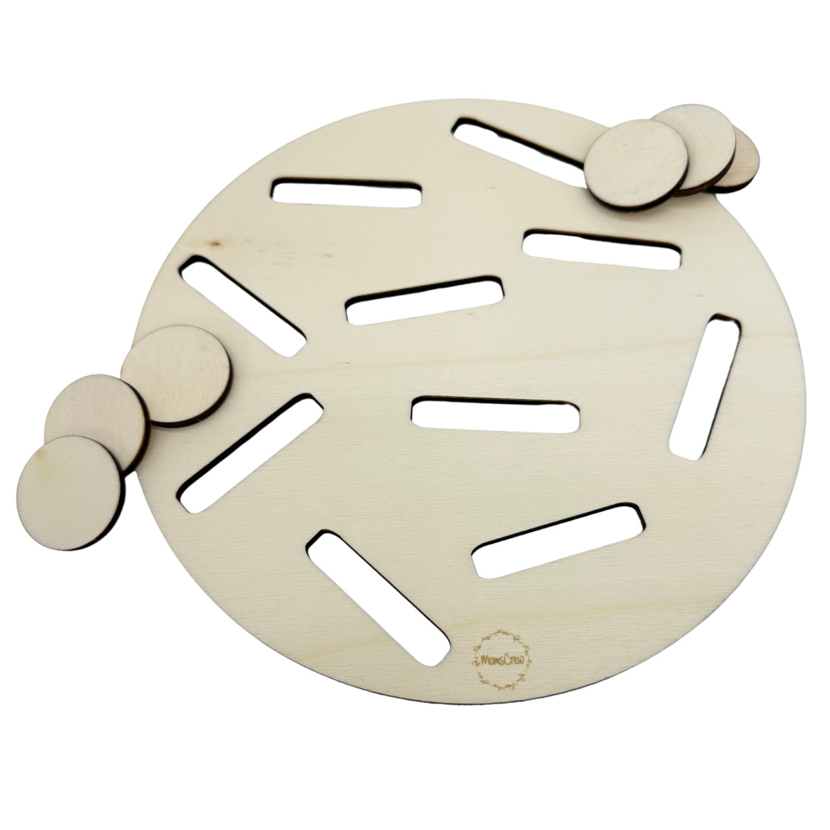 Momscrew Schlitzspiel Holz – Platte + 10 Holzchips (33 mm)