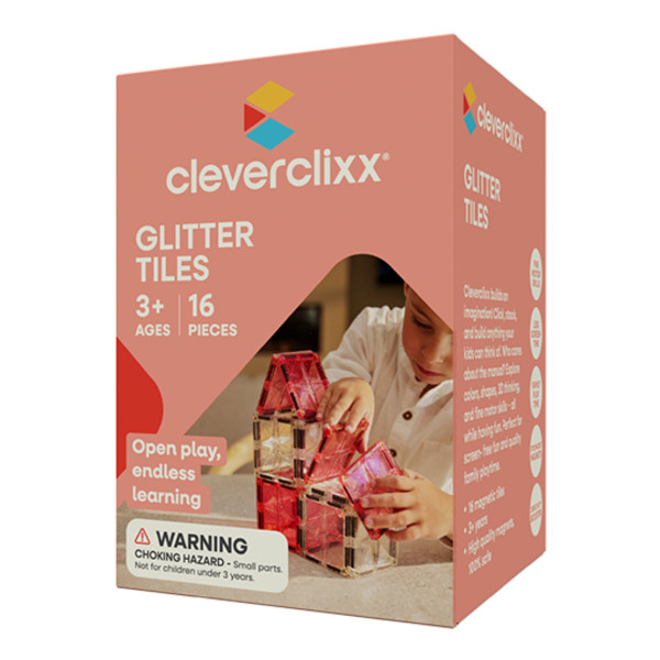 Cleverclixx Glitter Tiles Pack Transparent/Rosa – 16 Teile Magnetische Bausteine